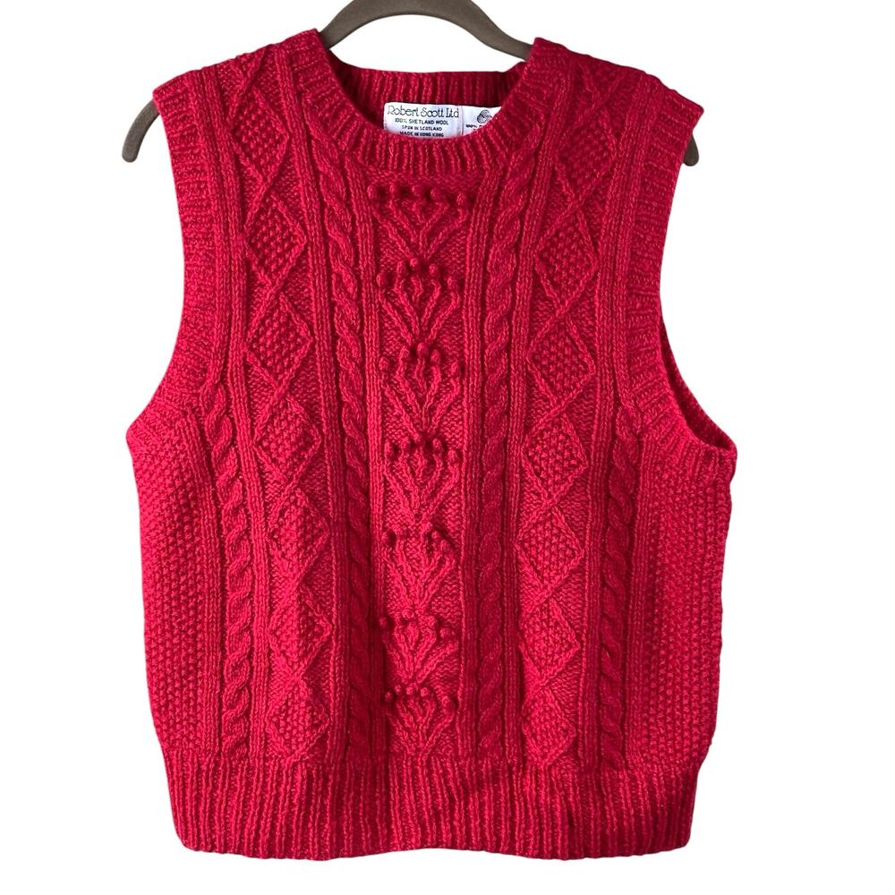 Vintage 100% Shetland Wool Fisherman Sweater Vest Tomato Red Size M Cable Knit
